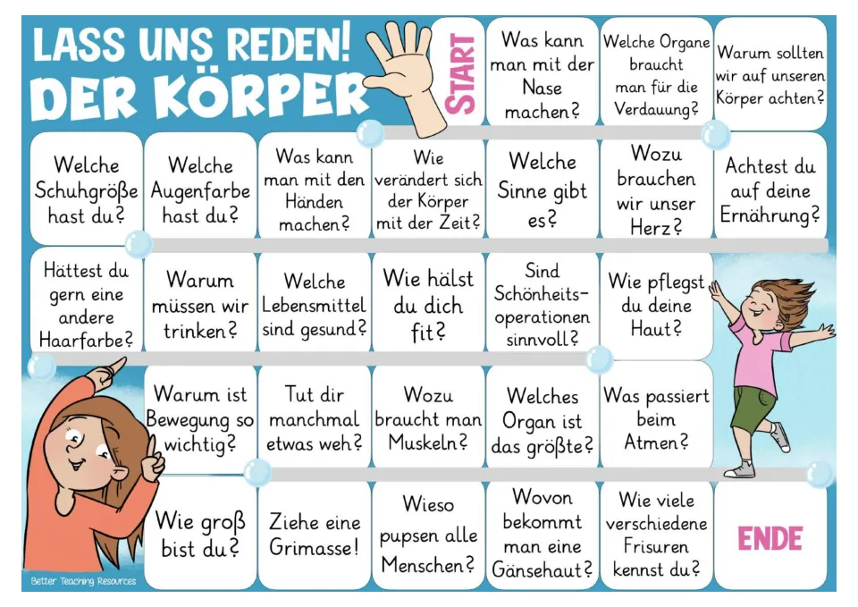 Color game board with 26 German prompts about the body, including eye color, digestion, senses, and muscles