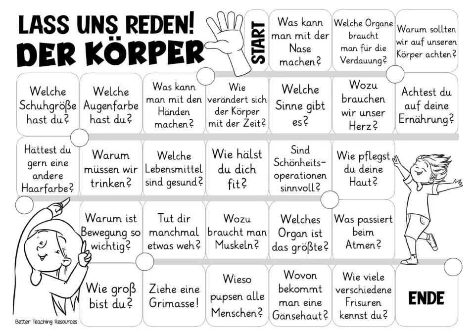 Black-and-white game board repeating the 26 German body prompts about nutrition, breathing, skin, and more