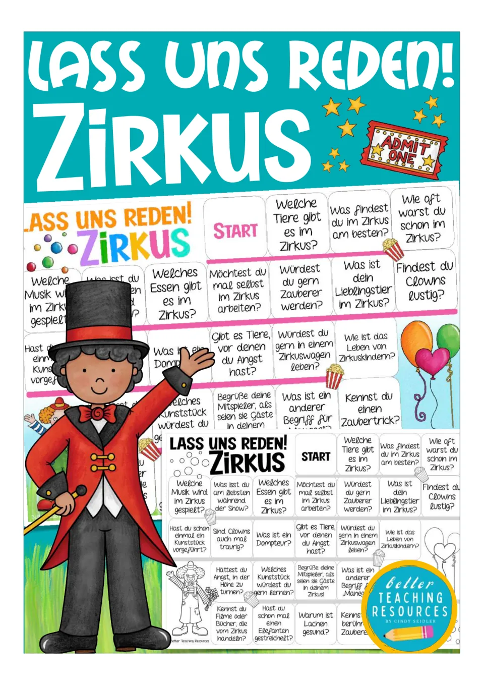 Cover of the German circus board game titled 'Lass uns reden! Zirkus' (Let's talk! Circus), with board previews