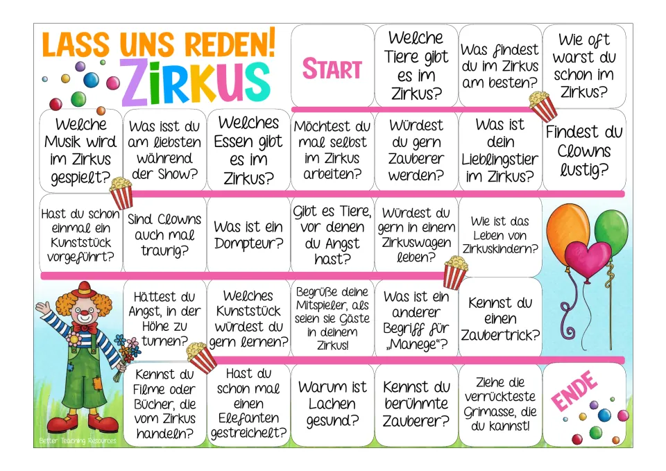 Color German circus game board: 26 prompts about animals, clowns, magic tricks, circus food, and performers