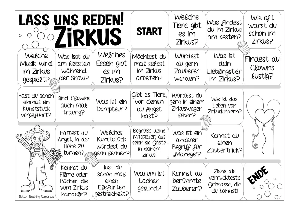 Black-and-white German circus game board: the same 26 prompts, including circus life and favorite animals