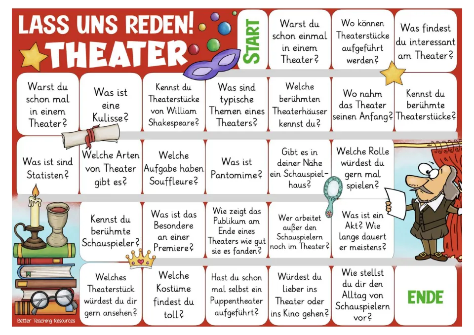 Color German theater game board with 26 questions about theater visits, Shakespeare, stage sets, and acting