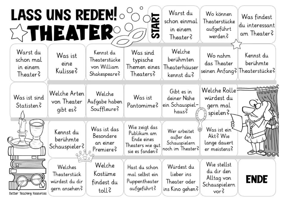 Black-and-white German theater game board with 26 questions about pantomime, costumes, premieres, and more