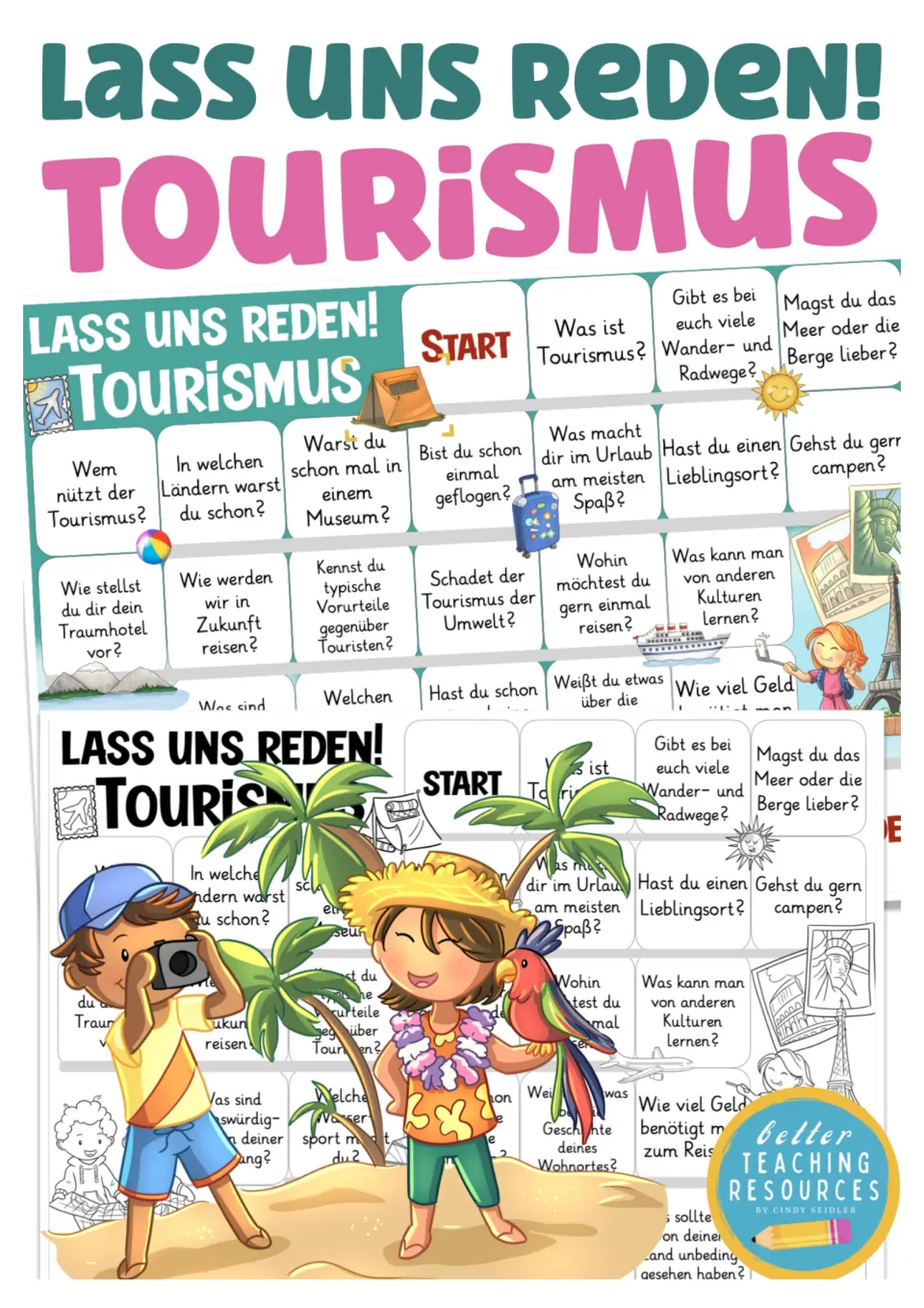 Cover of the German tourism board game, titled 'Lass uns reden! Tourismus' (Let's talk! Tourism)