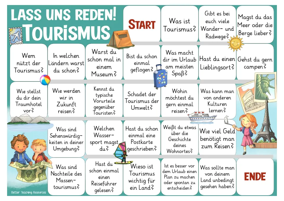 Color German tourism game board with 26 questions about travel, vacation preferences, culture, and costs