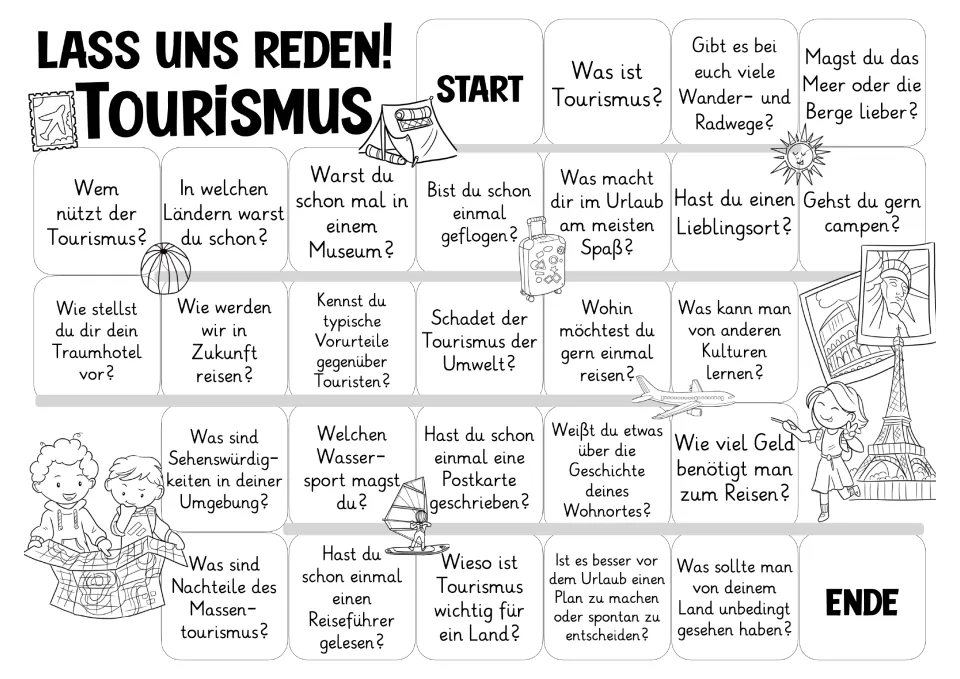 Black-and-white German tourism game board with the same 26 questions about travel, culture, and vacations