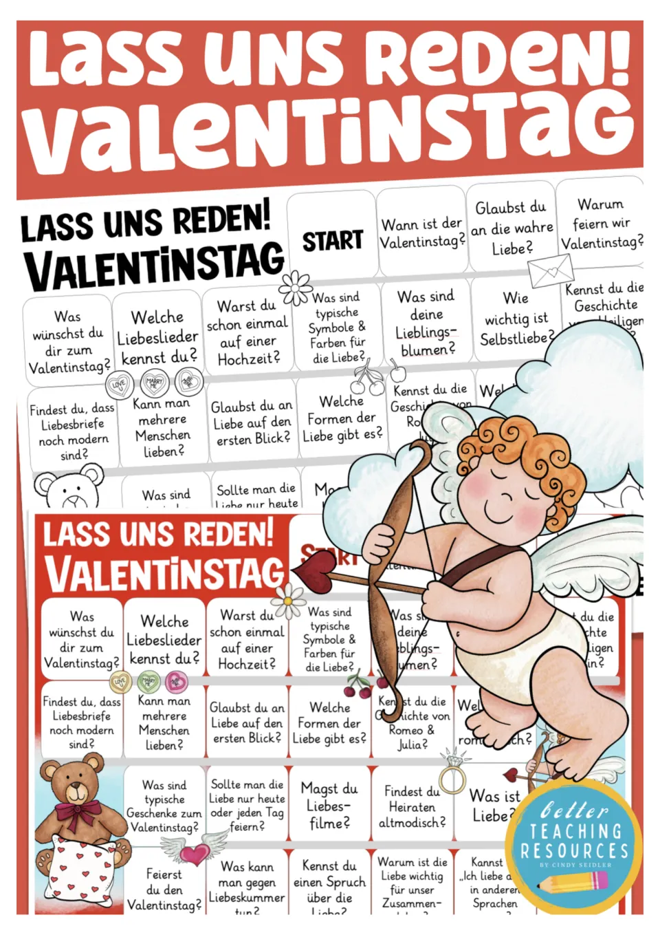 Cover of the German Valentine's Day conversation game, showing color and black-and-white board previews