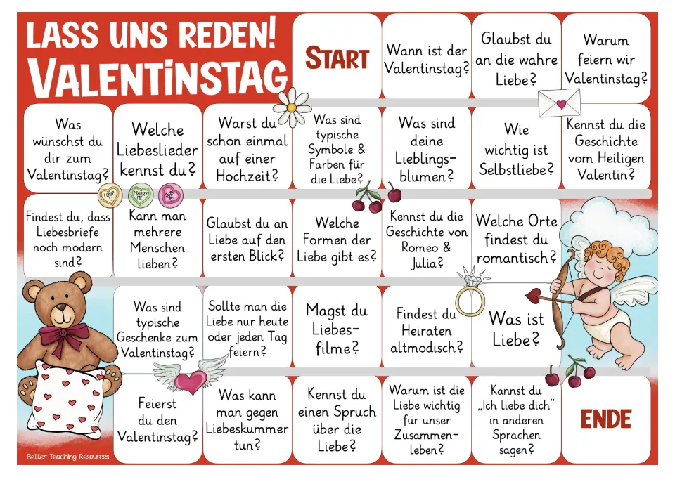 Color German conversation board: 26 questions about Valentine's Day, true love, self-love, and romantic places