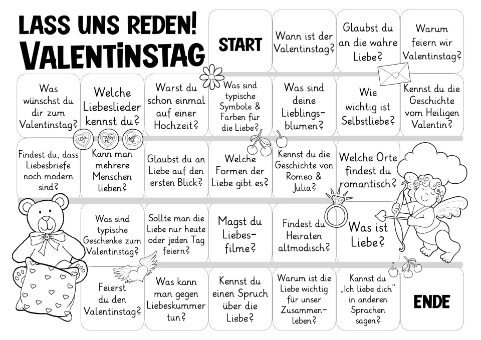 Black-and-white German conversation board: the same 26 questions about Valentine's Day, love, and traditions