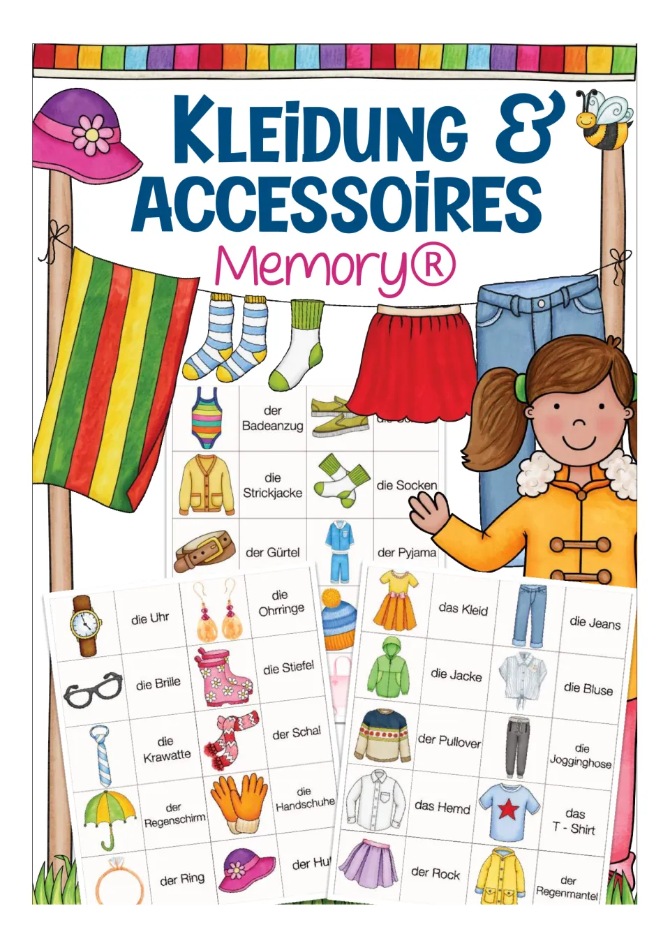 Cover of the German clothing and accessories memory game, showing sample picture and vocabulary cards