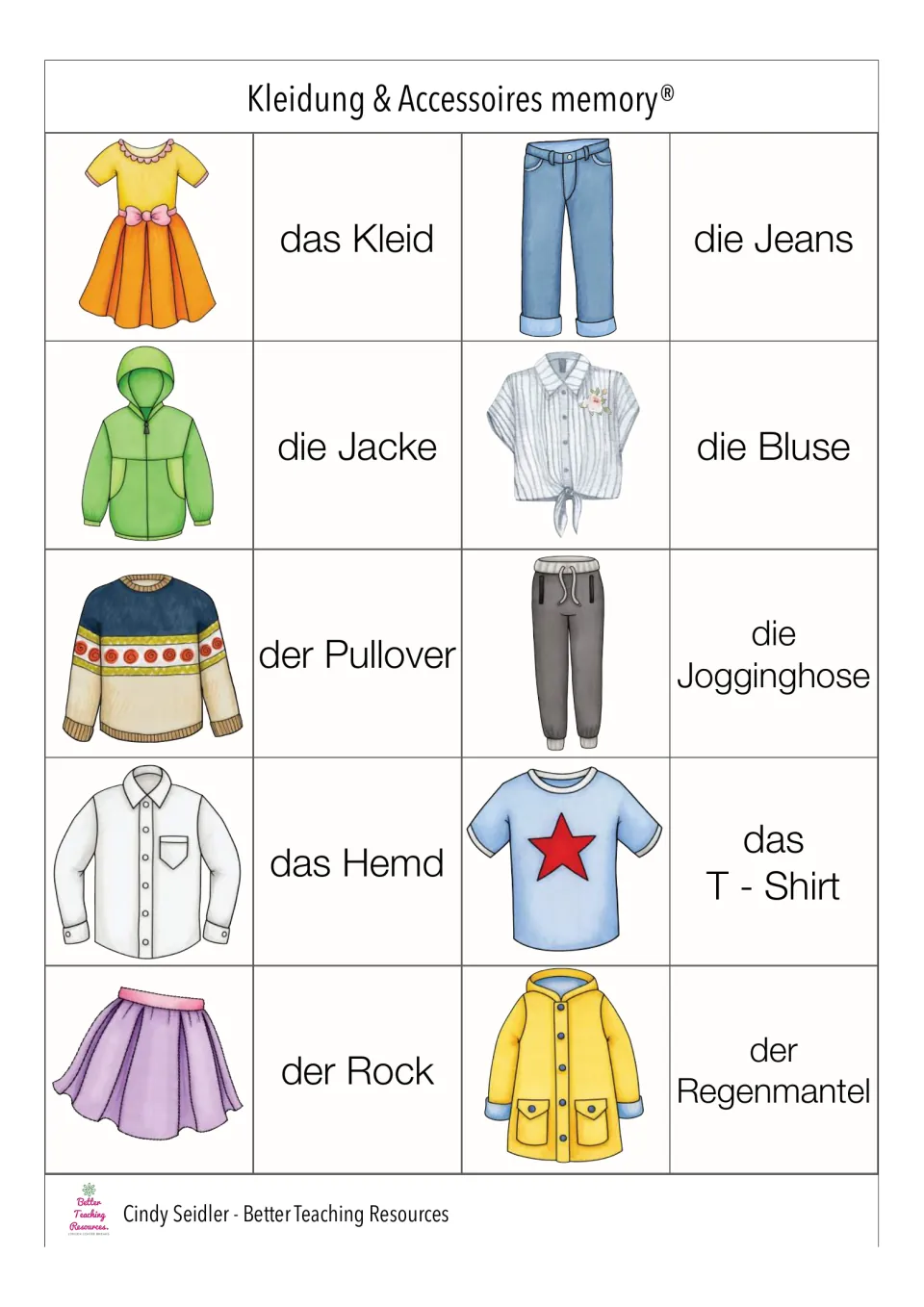 German matching pairs 1–10: das Kleid (dress), die Jeans (jeans), die Jacke (jacket) and seven more