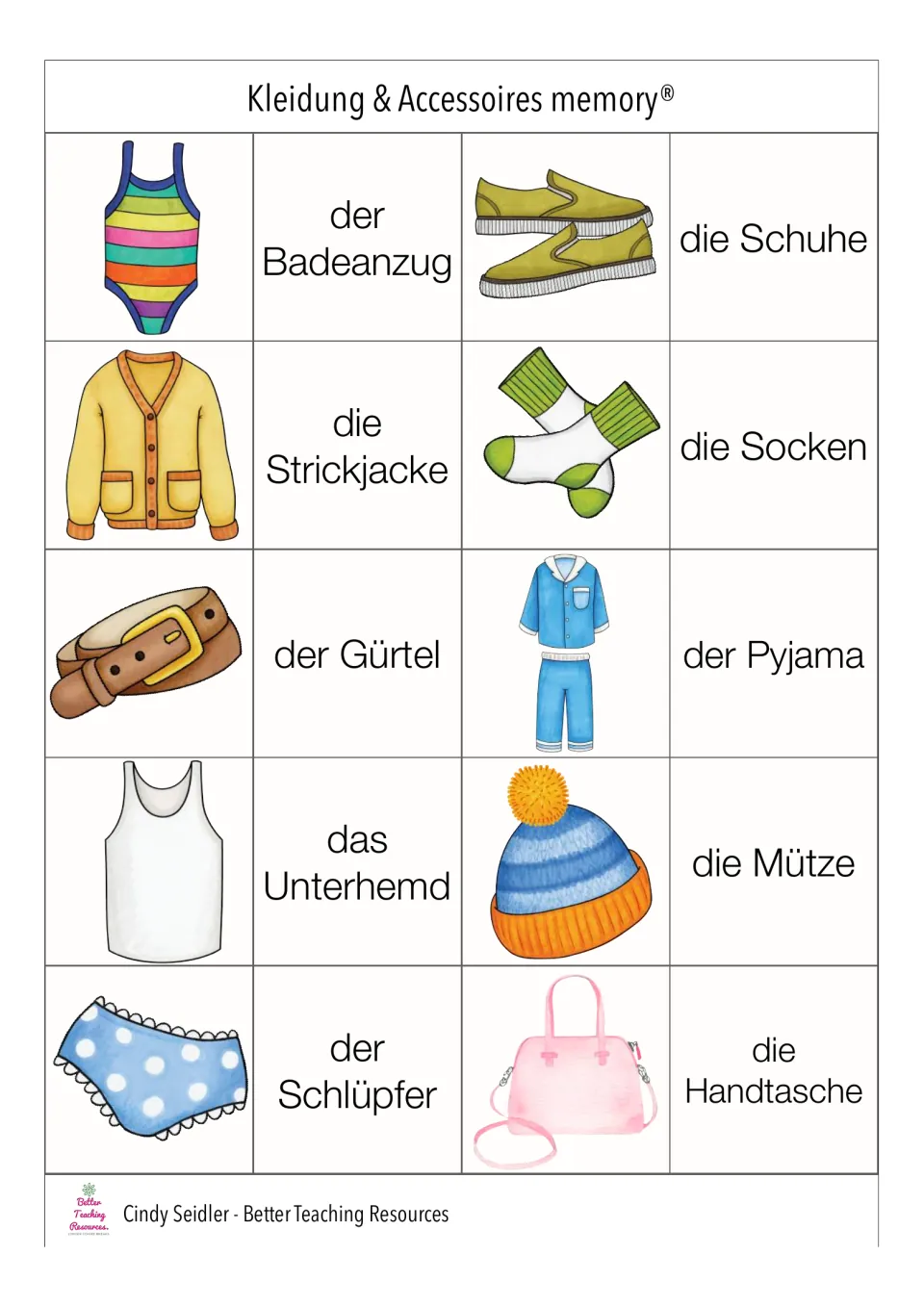 German matching pairs 11–20: der Badeanzug (swimsuit), die Schuhe (shoes), die Socken (socks) and seven more