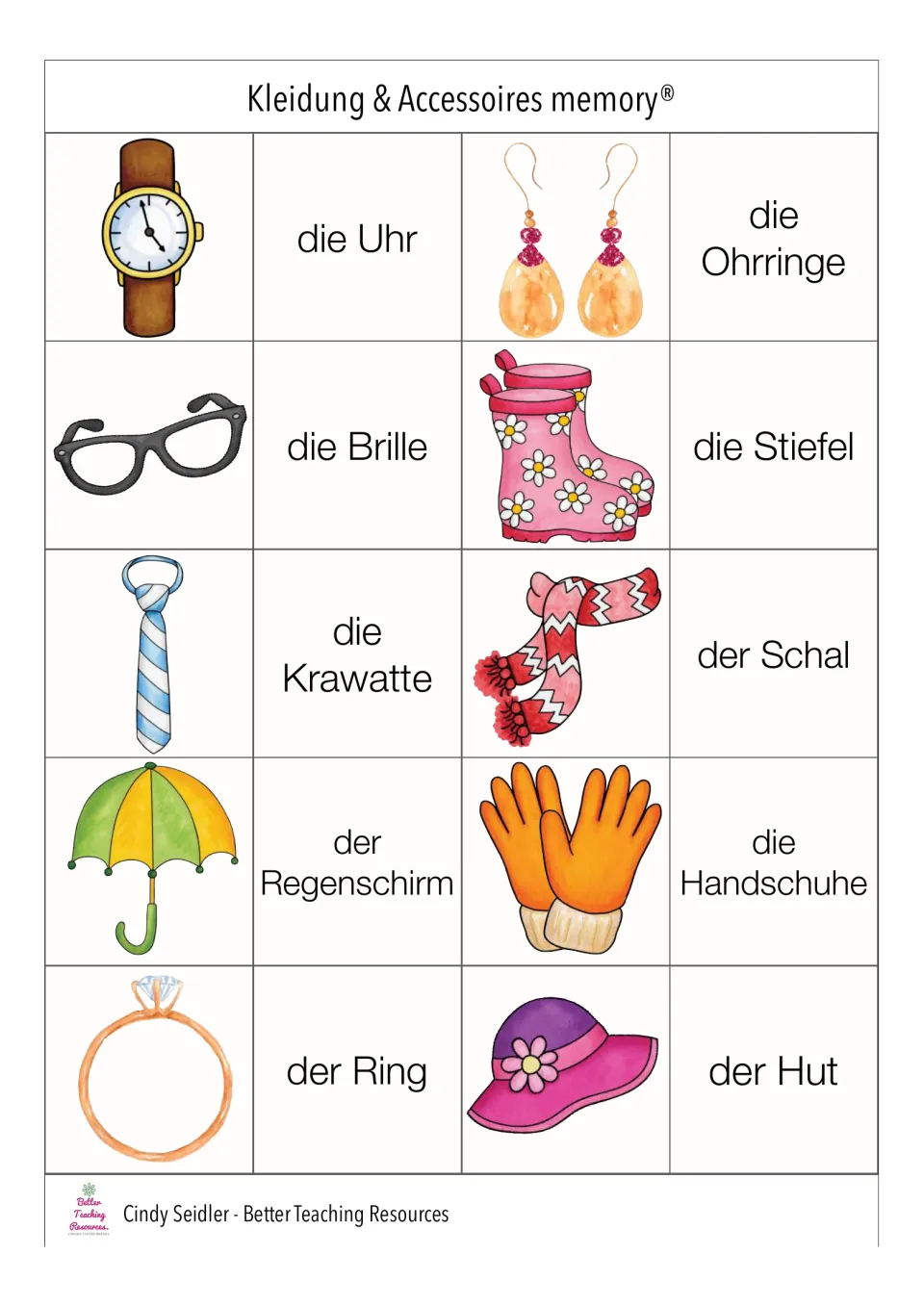 German matching pairs 21–30: die Uhr (watch), die Brille (glasses), die Ohrringe (earrings) and seven more