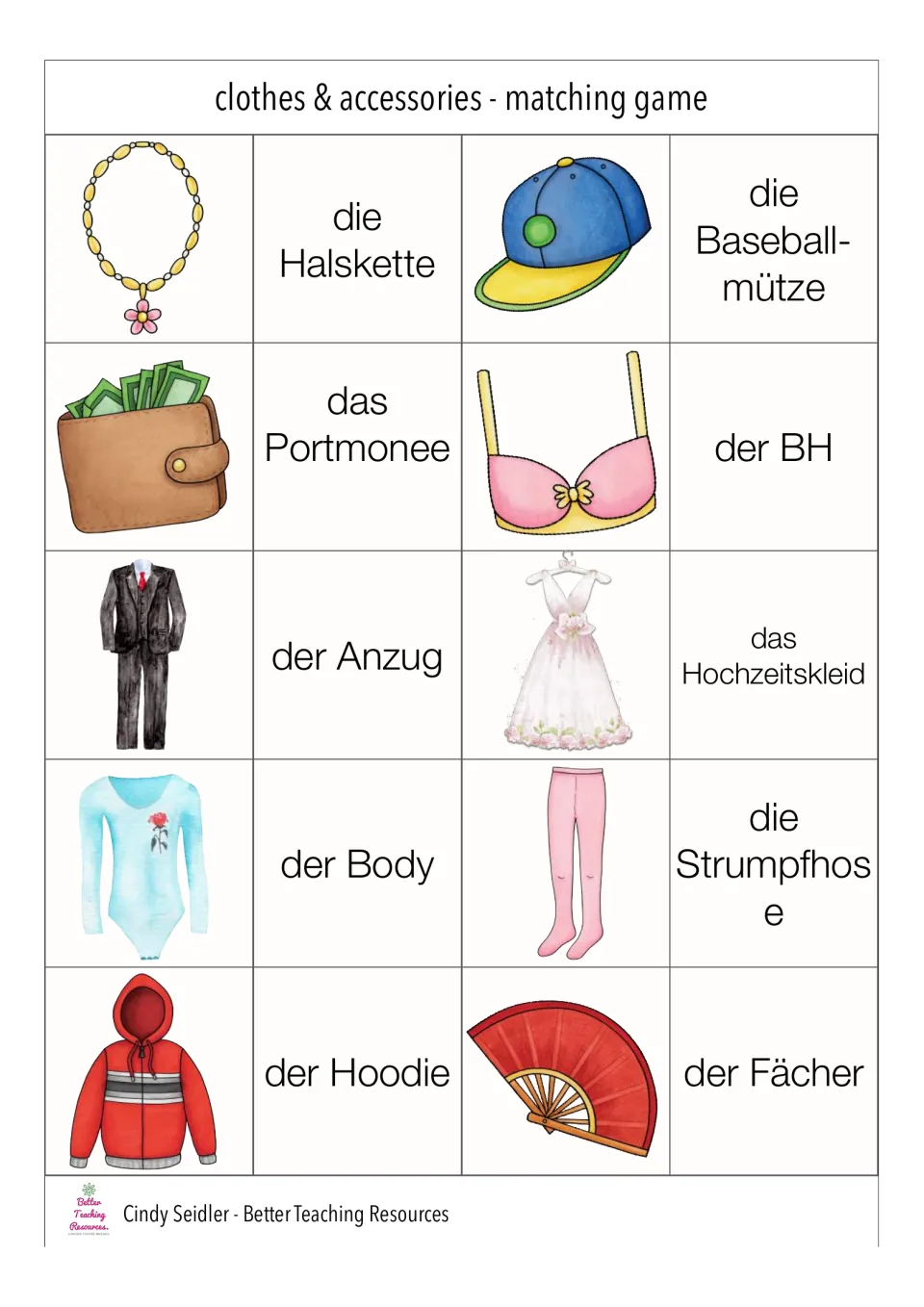 German matching pairs 31–40: die Halskette (necklace), das Portmonee (wallet), der Anzug (suit) and seven more