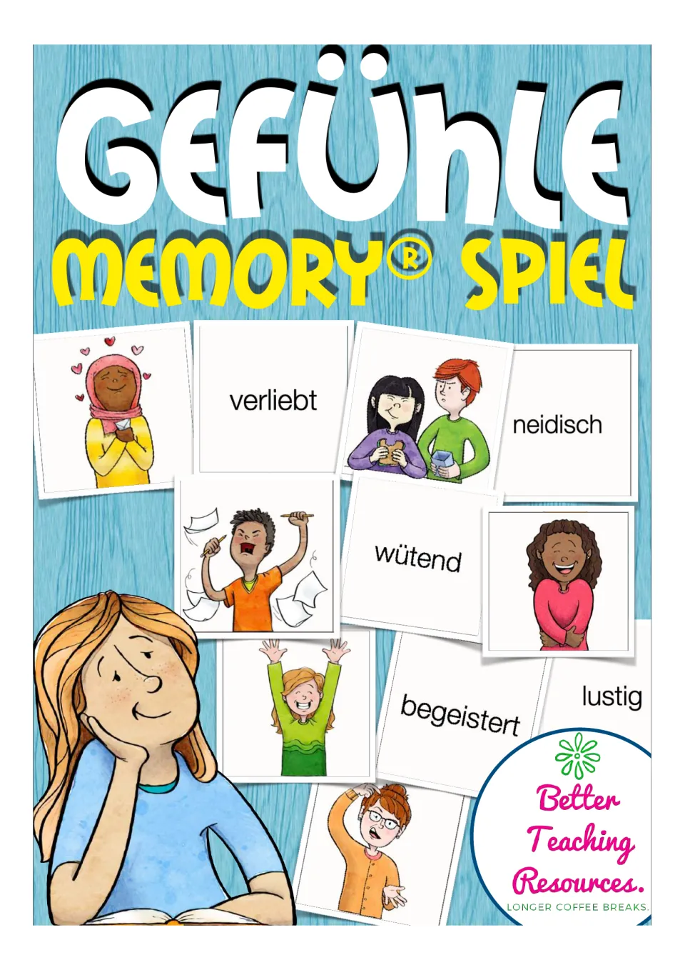 Cover of the German feelings memory game showing sample picture-word pairs, including verliebt (in love)