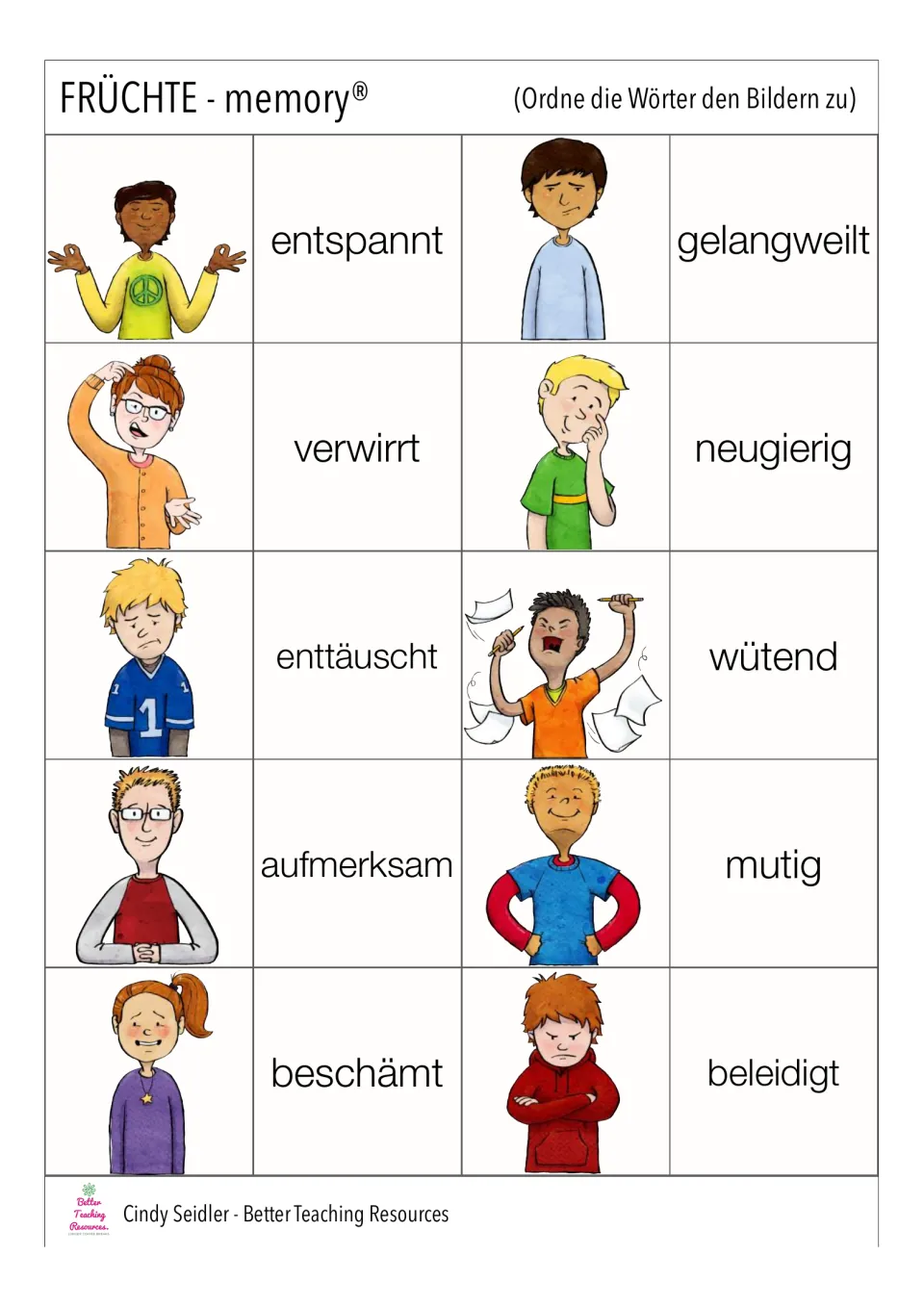 German memory pairs 1–10: entspannt (relaxed), gelangweilt (bored), verwirrt (confused) and seven more