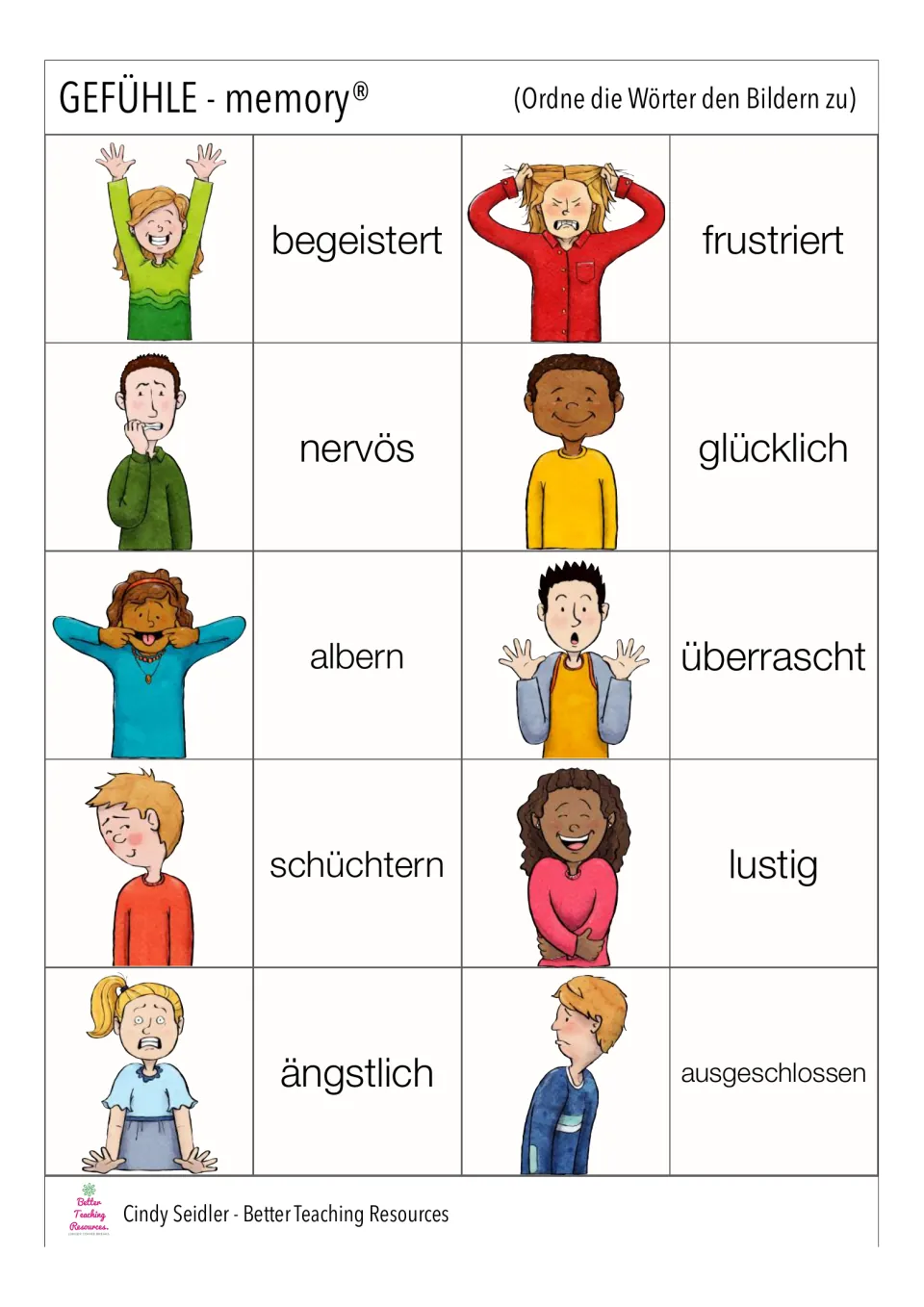 German memory pairs 11–20: begeistert (excited), frustriert (frustrated), nervös (nervous) and seven more