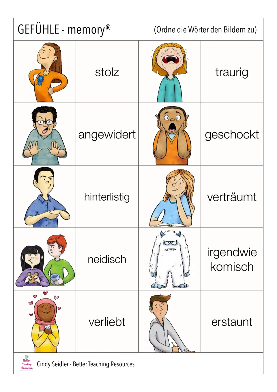 German memory pairs 21–30: stolz (proud), traurig (sad), angewidert (disgusted) and seven more