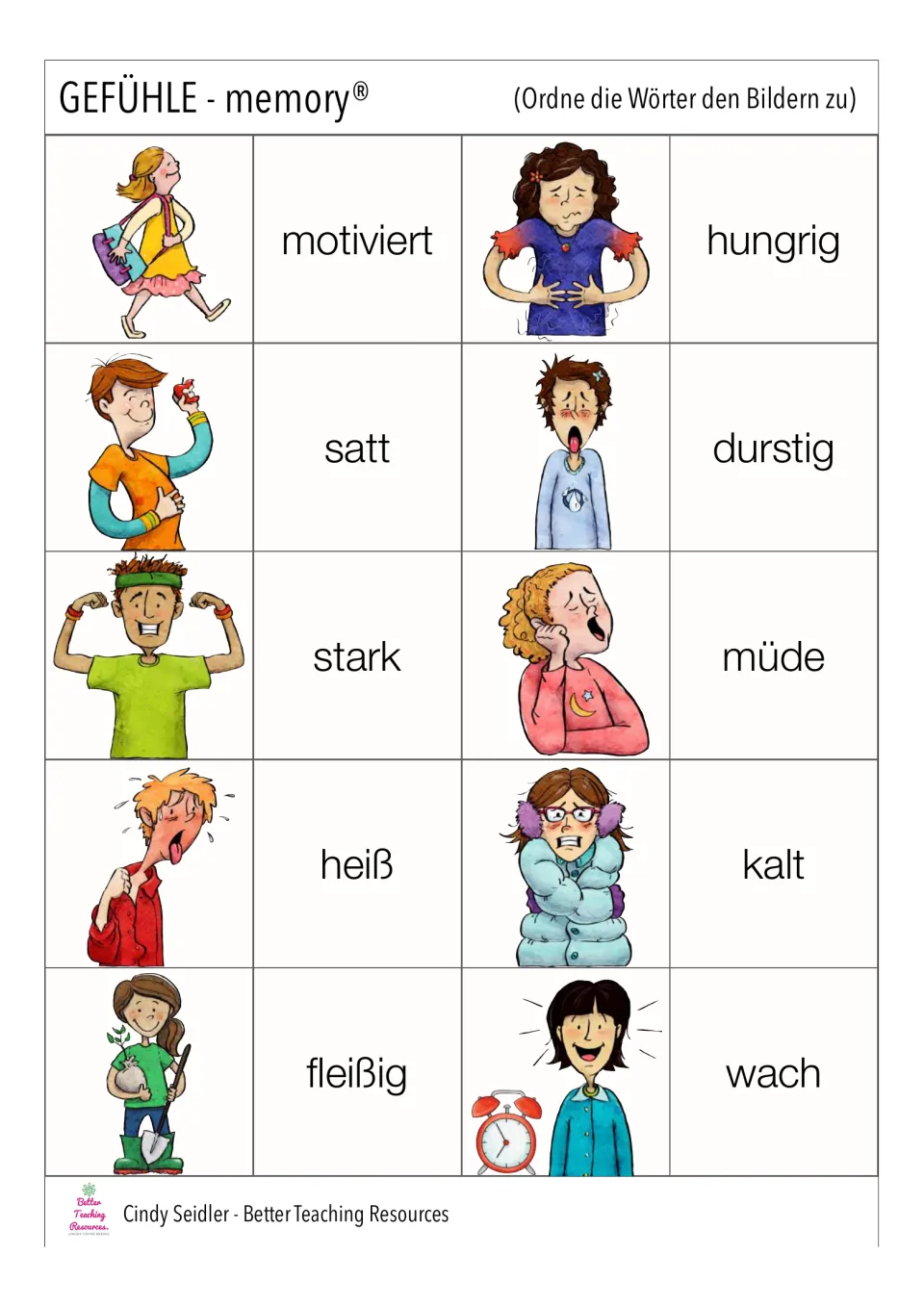 German memory pairs 31–40: motiviert (motivated), hungrig (hungry), satt (full) and seven more