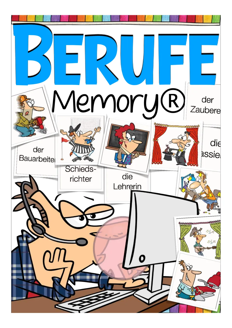 Cover of the German jobs memory game, showing sample picture and word cards for different occupations