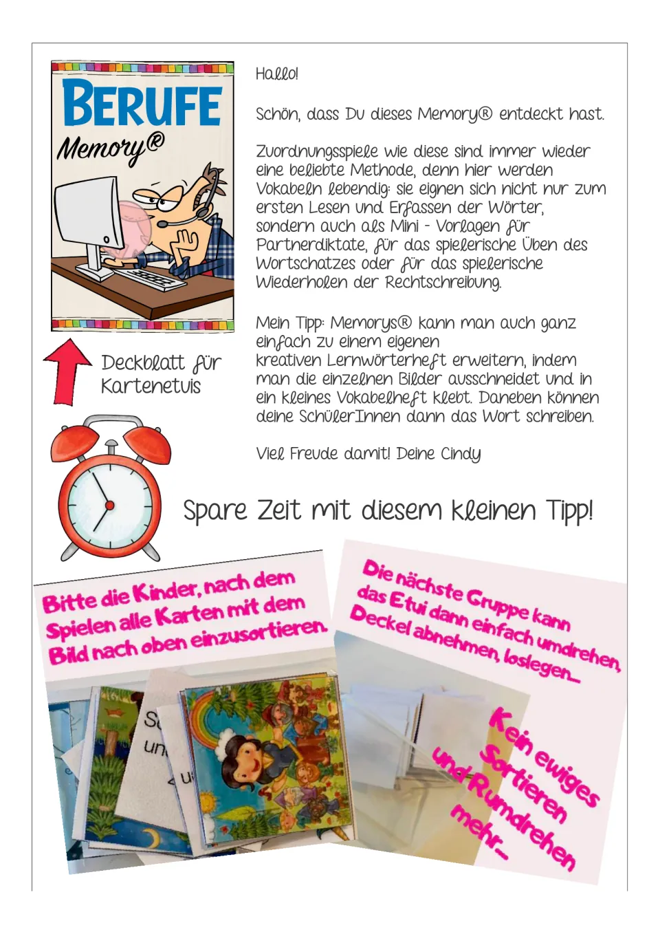 Instructions for using the German job cards for matching, partner dictation, spelling, and vocabulary notebooks