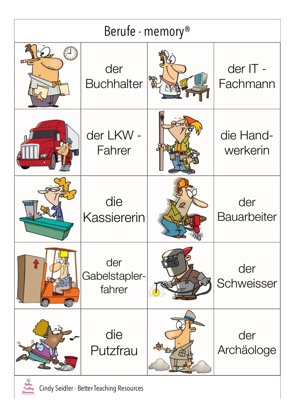 German job pairs 1–10: Buchhalter (accountant), IT-Fachmann (IT specialist), and eight more occupations