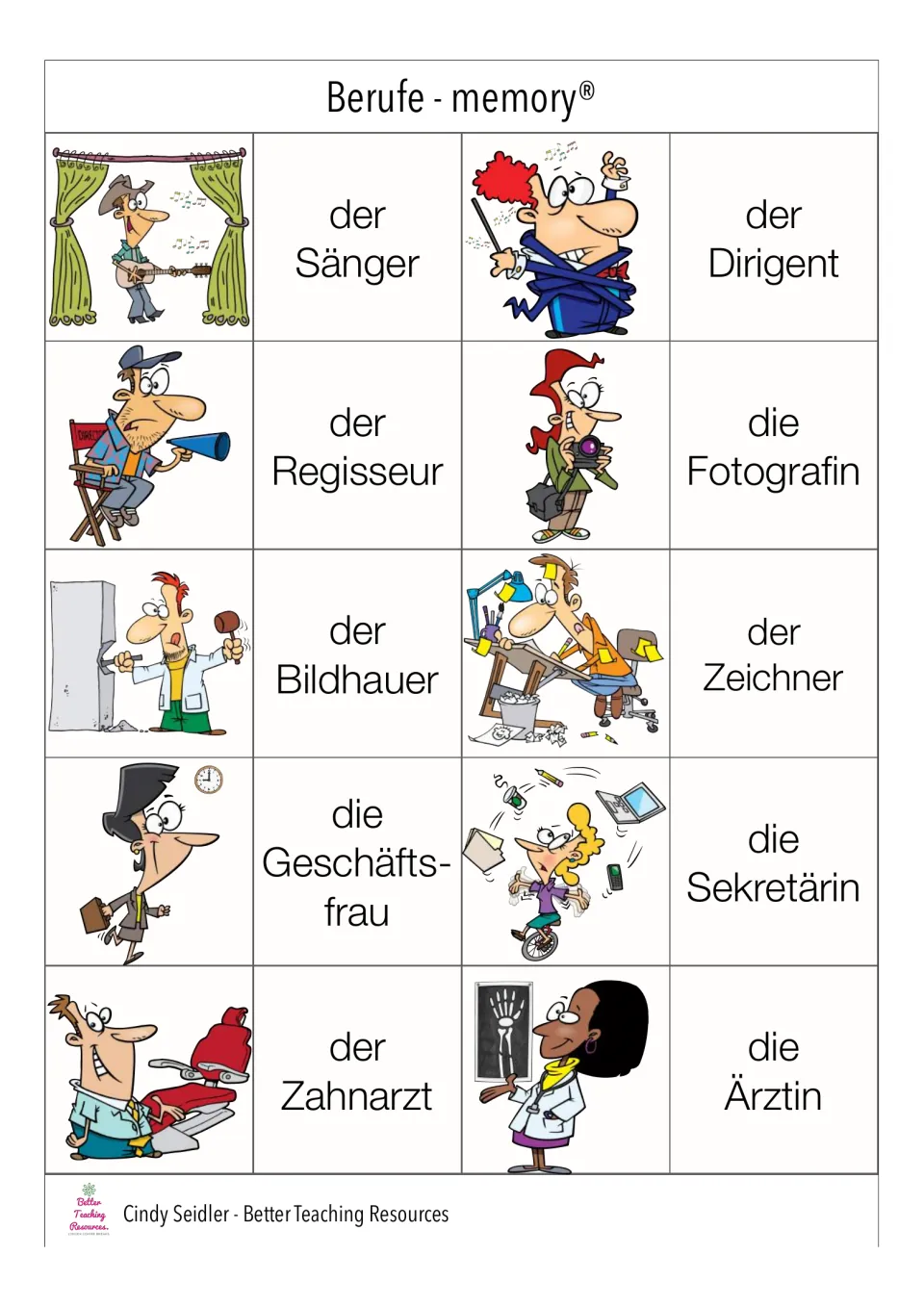 German job pairs 11–20: Sänger (singer), Dirigent (conductor), Fotografin (photographer), and seven more