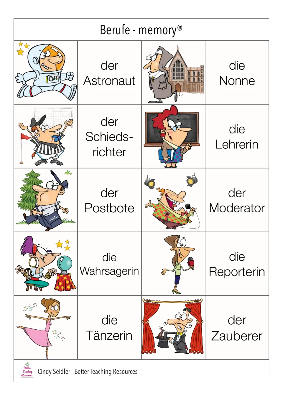 German job pairs 21–30: Astronaut (astronaut), Nonne (nun), Lehrerin (teacher), and seven more occupations