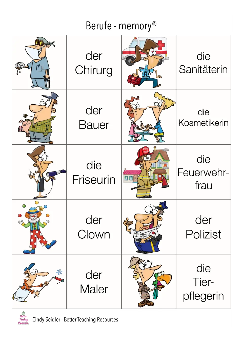German job pairs 31–40: Bauer (farmer), Friseurin (hairdresser), Polizist (police officer), and seven more