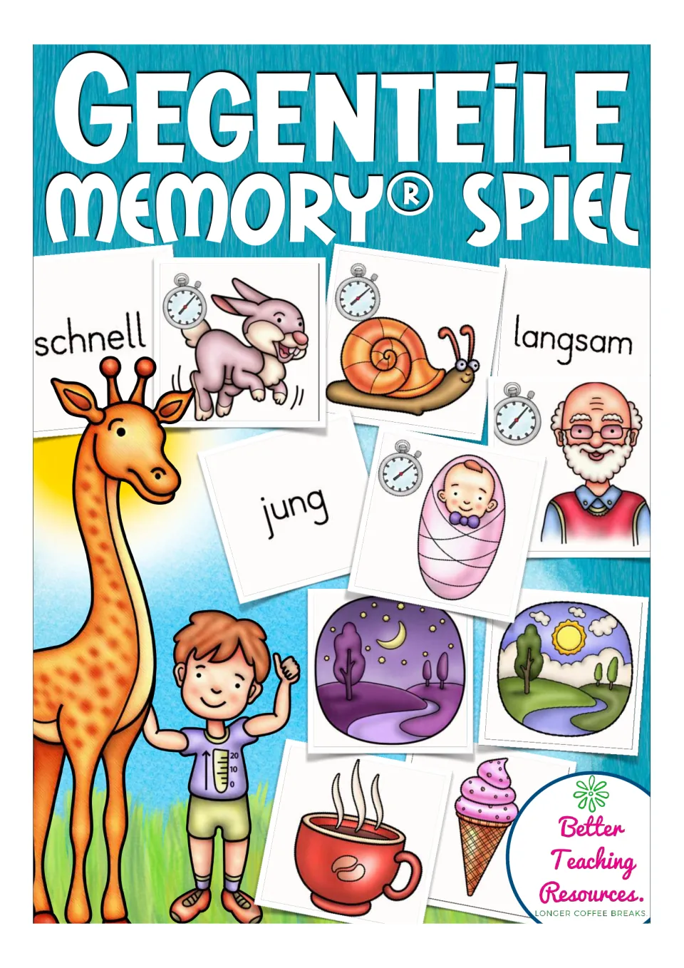 German opposites memory game cover showing sample cards for fast and slow, young and old, and day and night