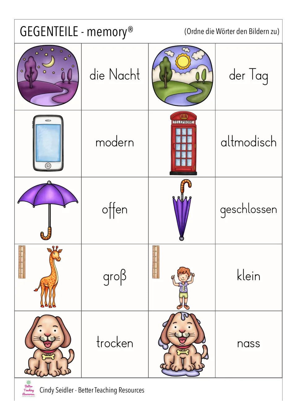 German memory cards: night/day, modern/old-fashioned, open/closed, big/small, and dry/wet words and pictures