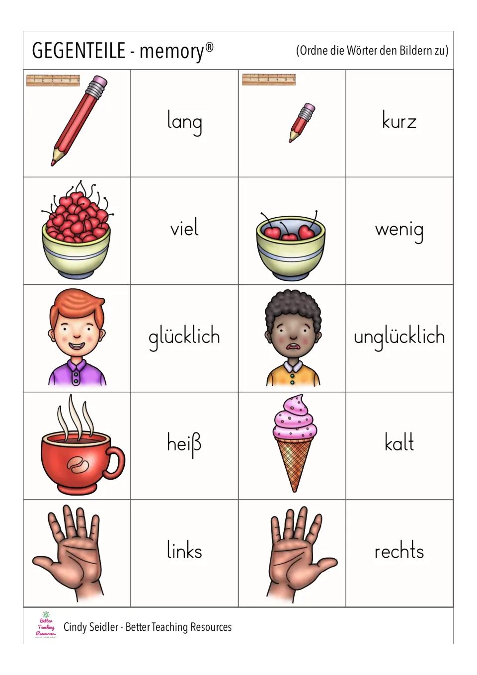 German memory cards: long/short, much/little, happy/unhappy, hot/cold, and left/right words and pictures
