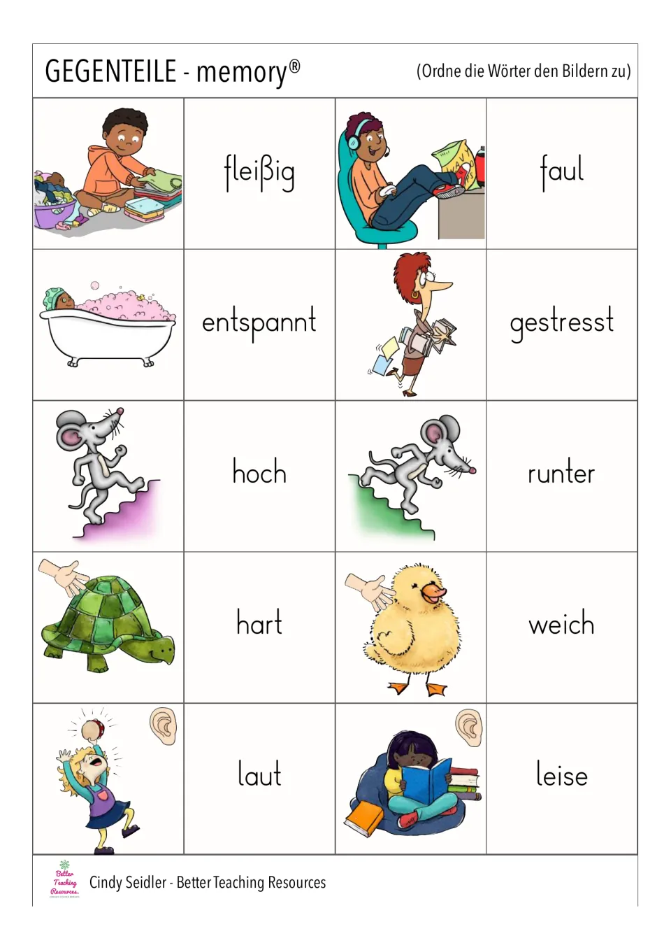 German memory cards: hardworking/lazy, relaxed/stressed, up/down, hard/soft, and loud/quiet word-picture pairs