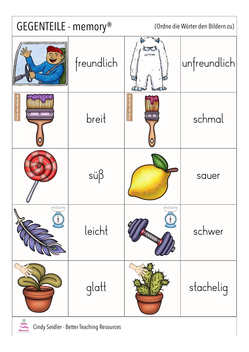 German memory cards: friendly/unfriendly, wide/narrow, sweet/sour, light/heavy, and smooth/prickly pairs