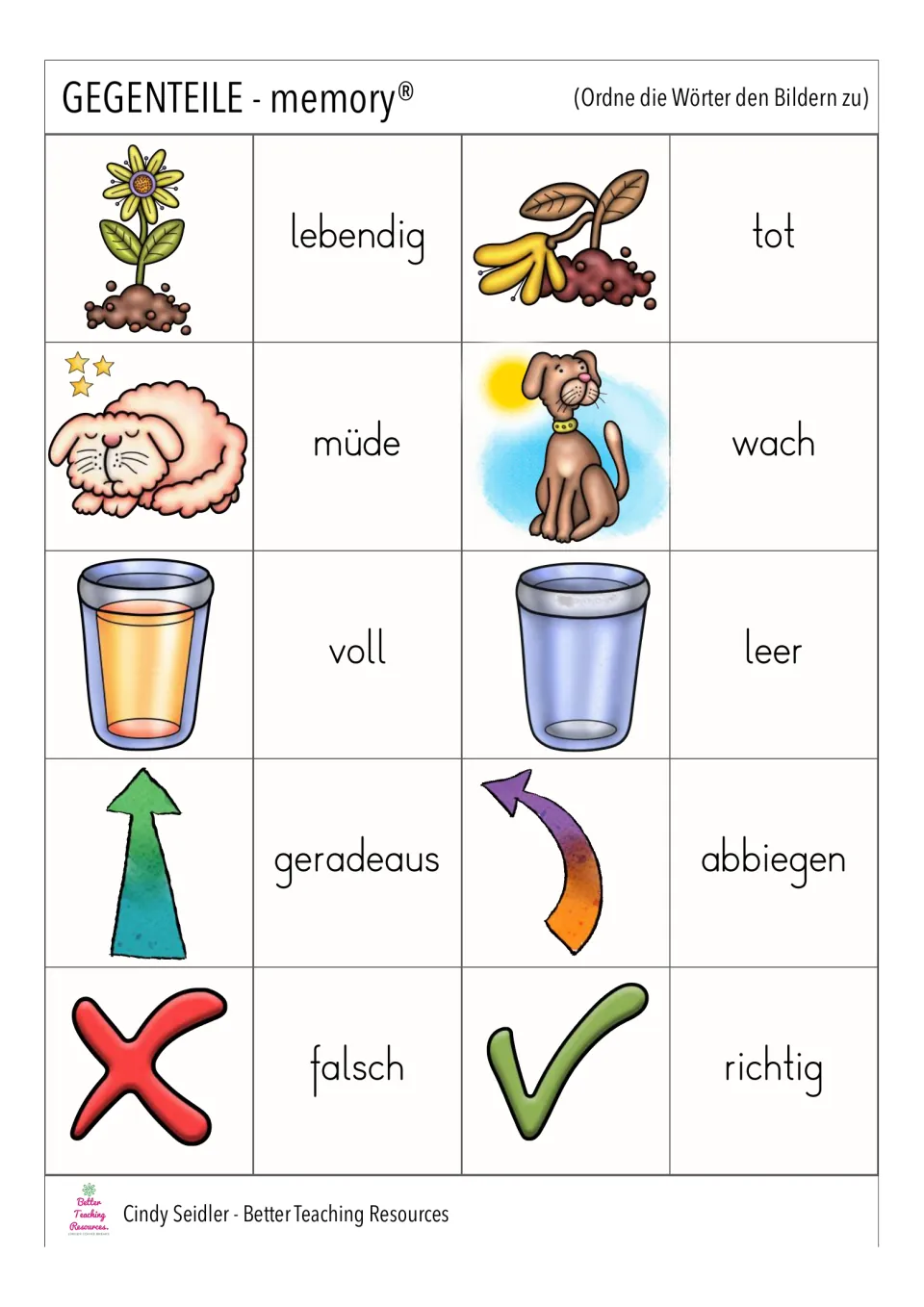 German memory cards: alive/dead, tired/awake, full/empty, straight ahead/turn, and wrong/right pairs