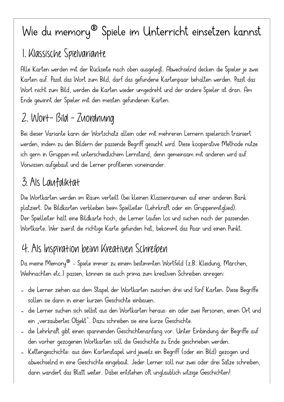 German instructions for using the cards in classic memory, word-picture matching, running dictation, and writing