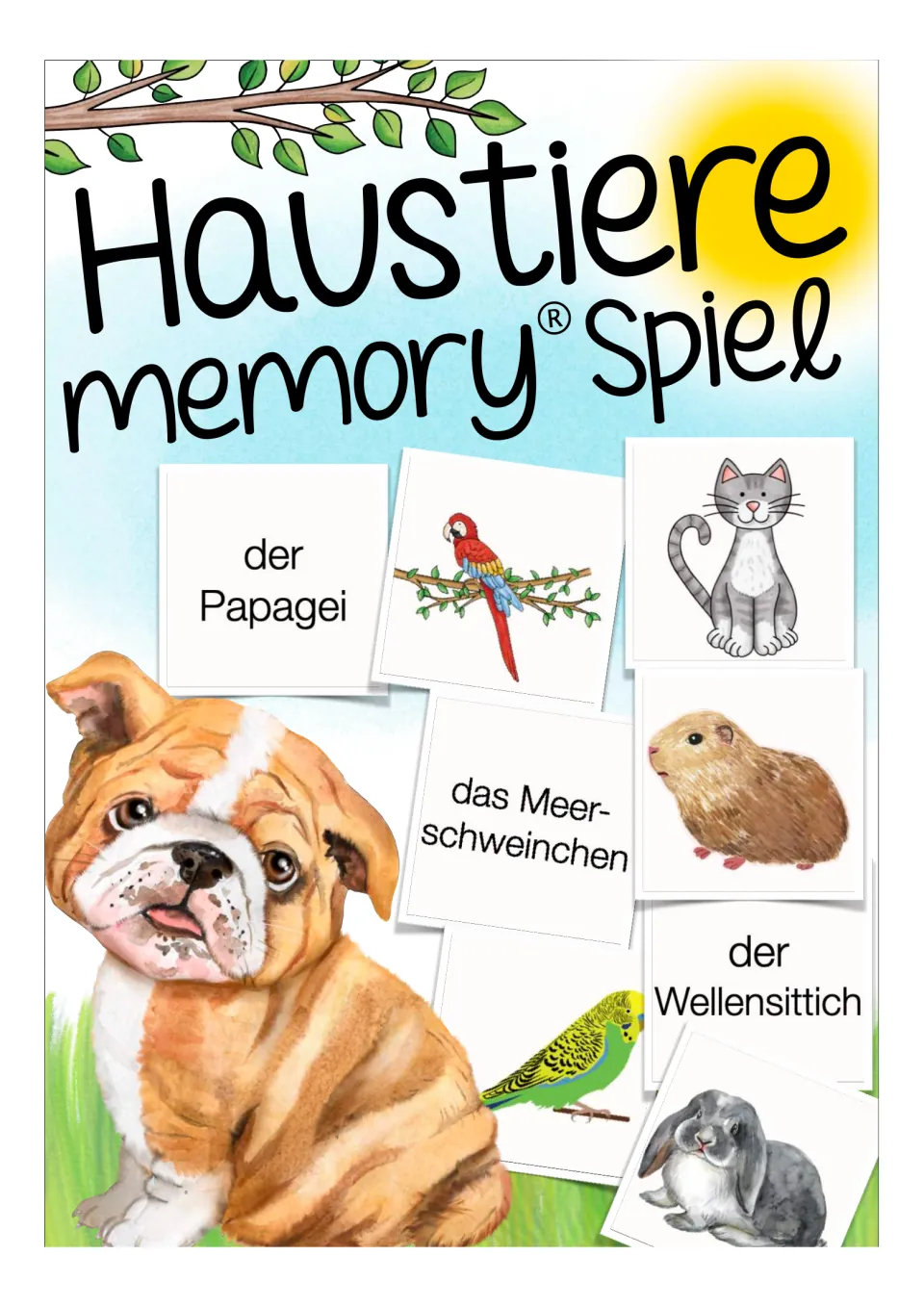 Cover for the German pet memory game showing sample cards for a parrot, cat, guinea pig, budgie, and rabbit