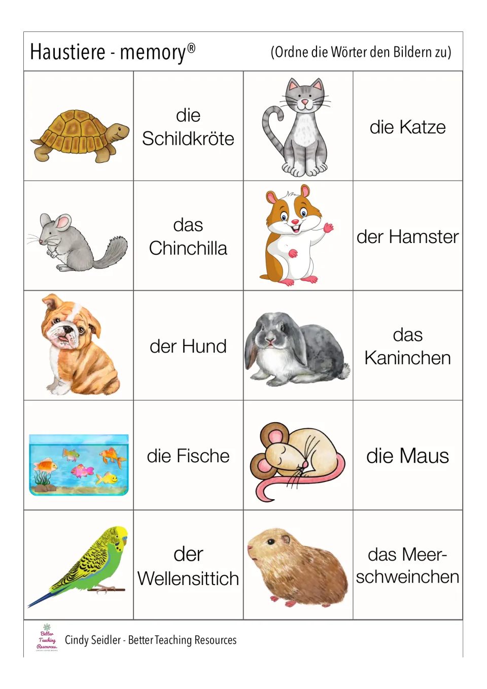German pet memory cards: die Schildkröte (turtle), die Katze (cat), der Hund (dog), and seven more pairs