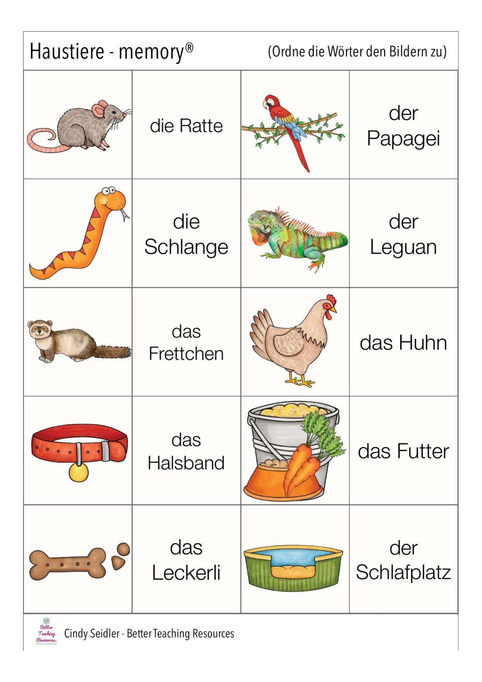 German pet memory cards: die Ratte (rat), der Papagei (parrot), das Halsband (collar), and seven more pairs