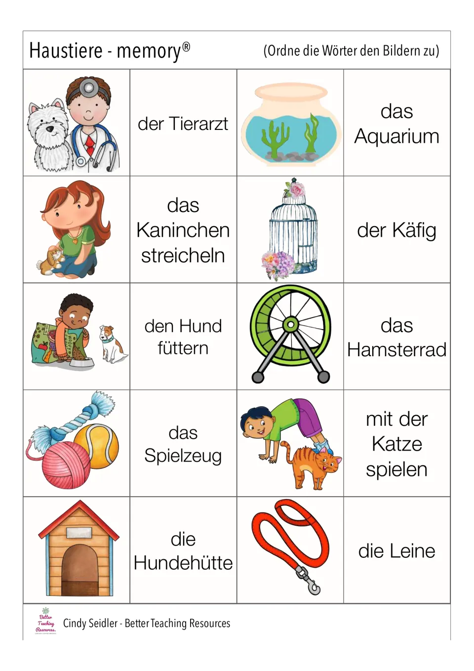 German pet memory cards: der Tierarzt (veterinarian), der Käfig (cage), die Leine (leash), and seven more pairs