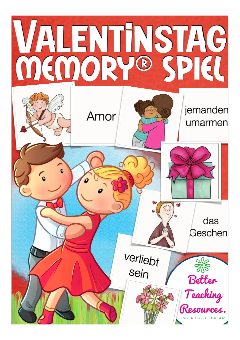 Cover of a German Valentine's Day memory game showing sample cards for Amor (Cupid), hugs, and gifts.