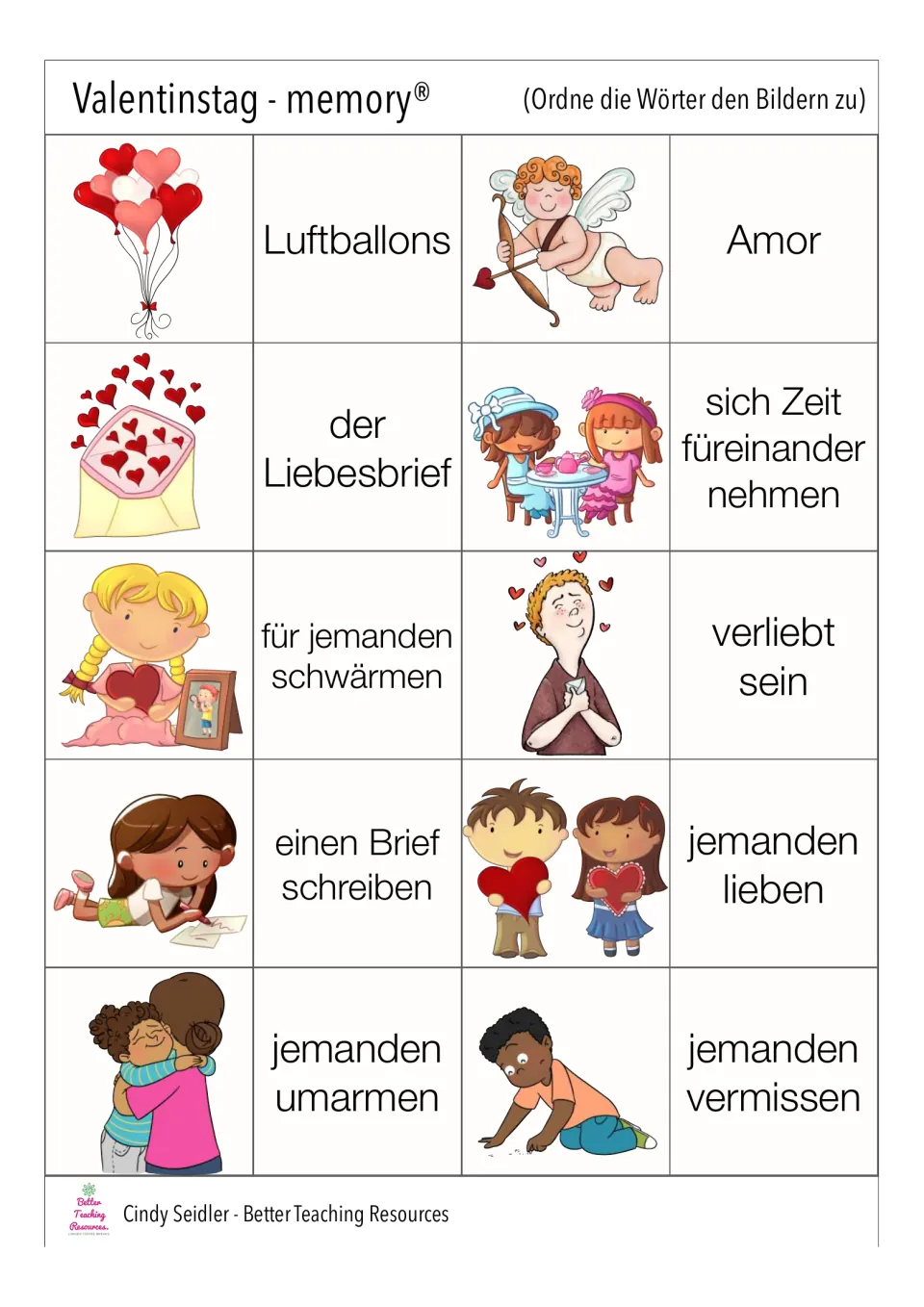 First memory card sheet: Luftballons (balloons), Amor (Cupid), der Liebesbrief (love letter), and seven more pairs.