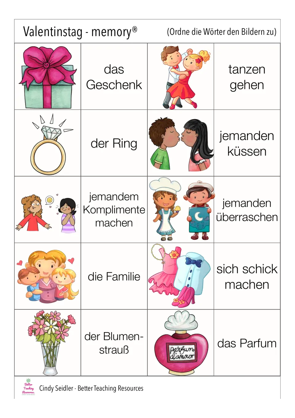 Second memory card sheet: das Geschenk (gift), der Ring (ring), die Familie (family), and seven more pairs.