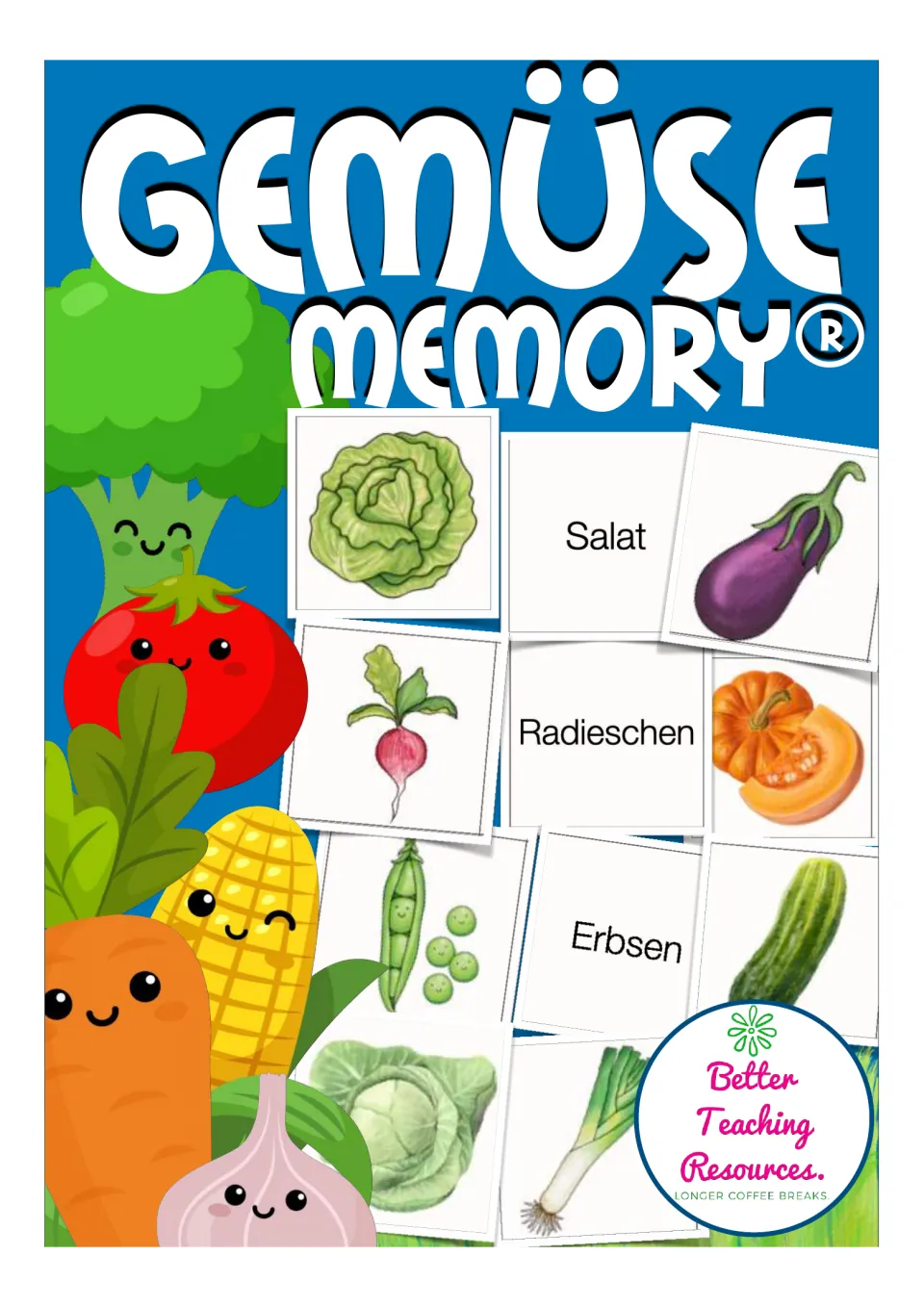 Cover of the German vegetable memory game, showing sample picture and word cards including Salat (lettuce).
