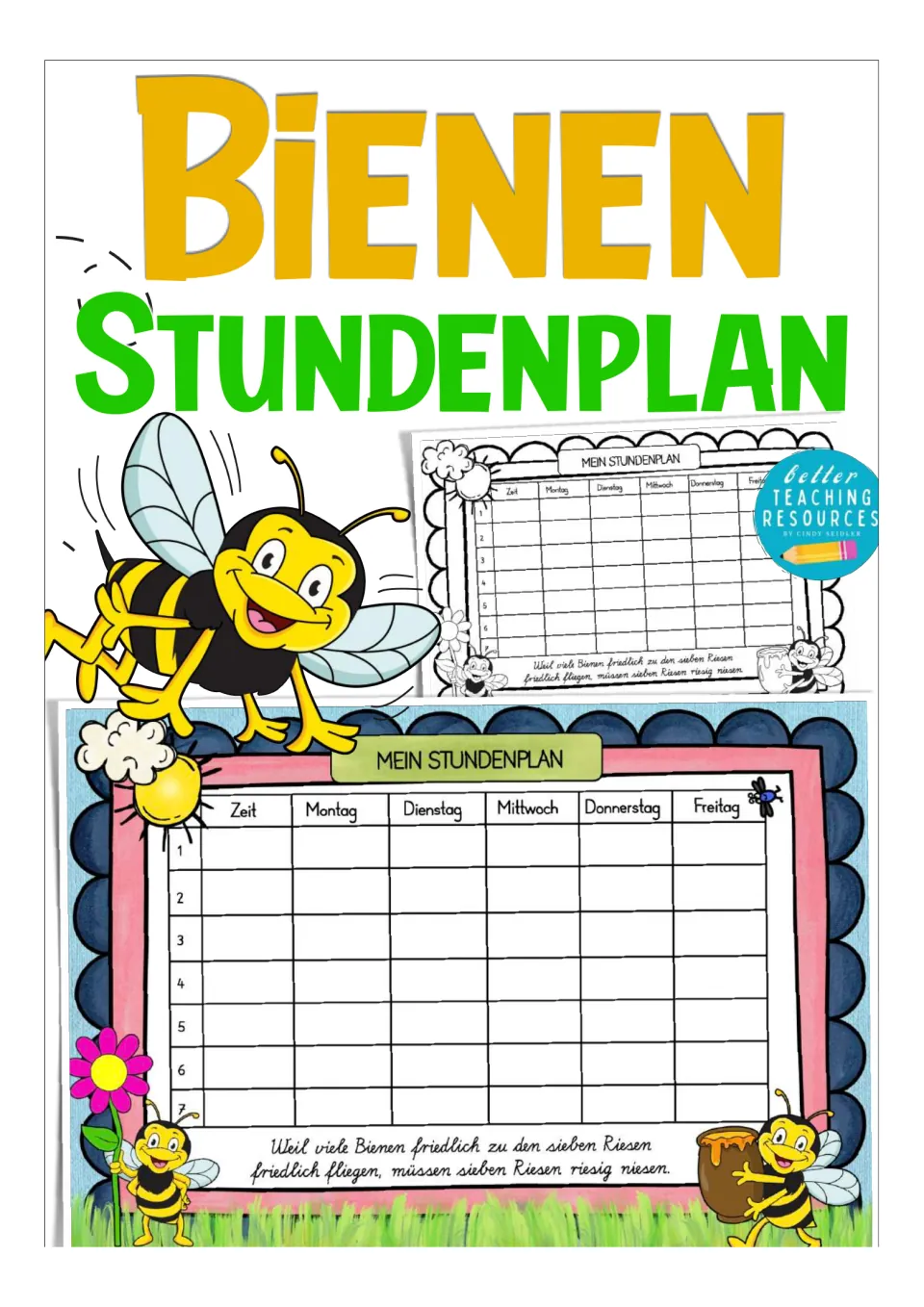 Cover of the bee-themed German timetable resource, showing color and black-and-white schedule versions