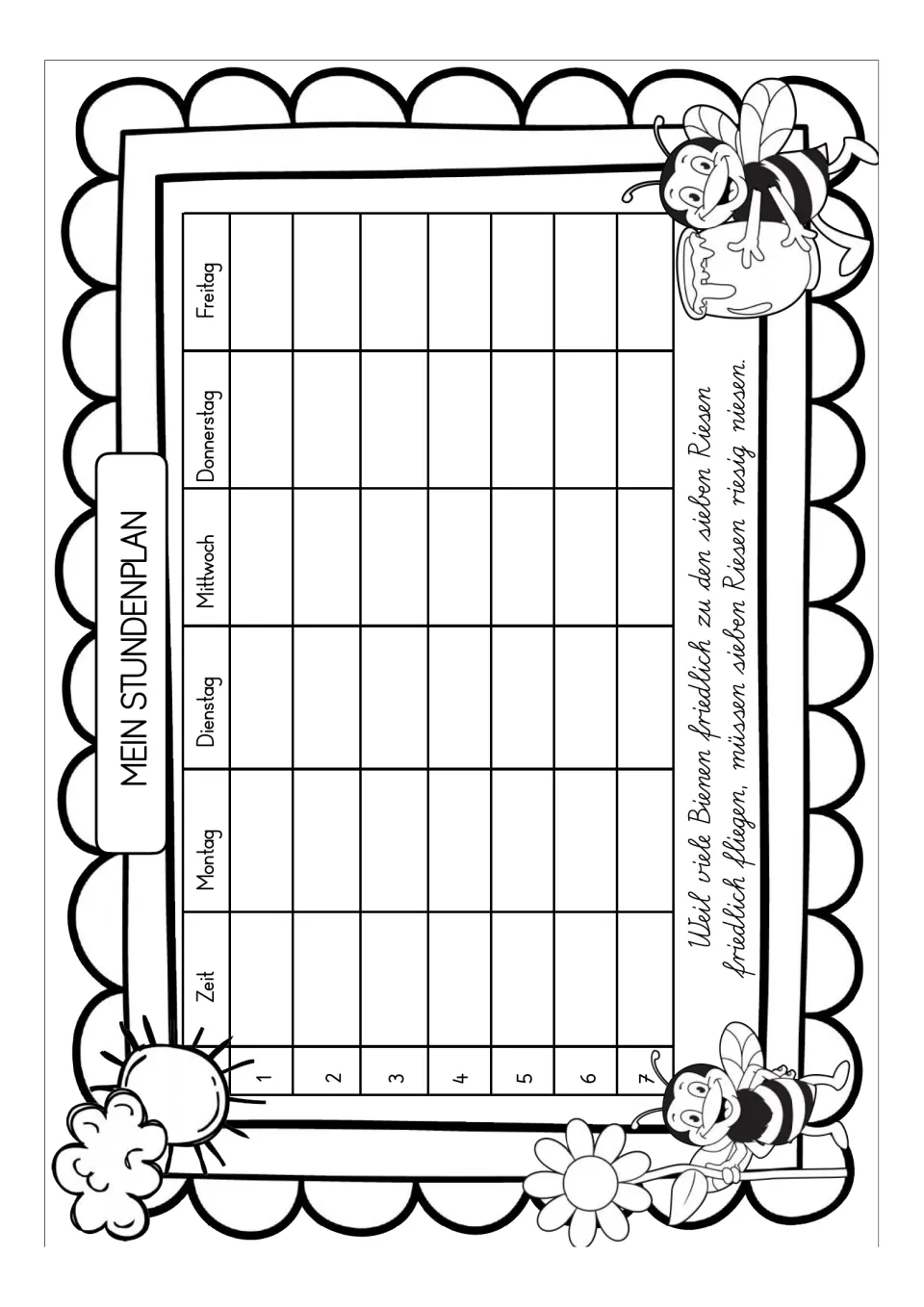 Black-and-white German timetable, 'Mein Stundenplan' (My Schedule), with Monday–Friday and periods 1–7