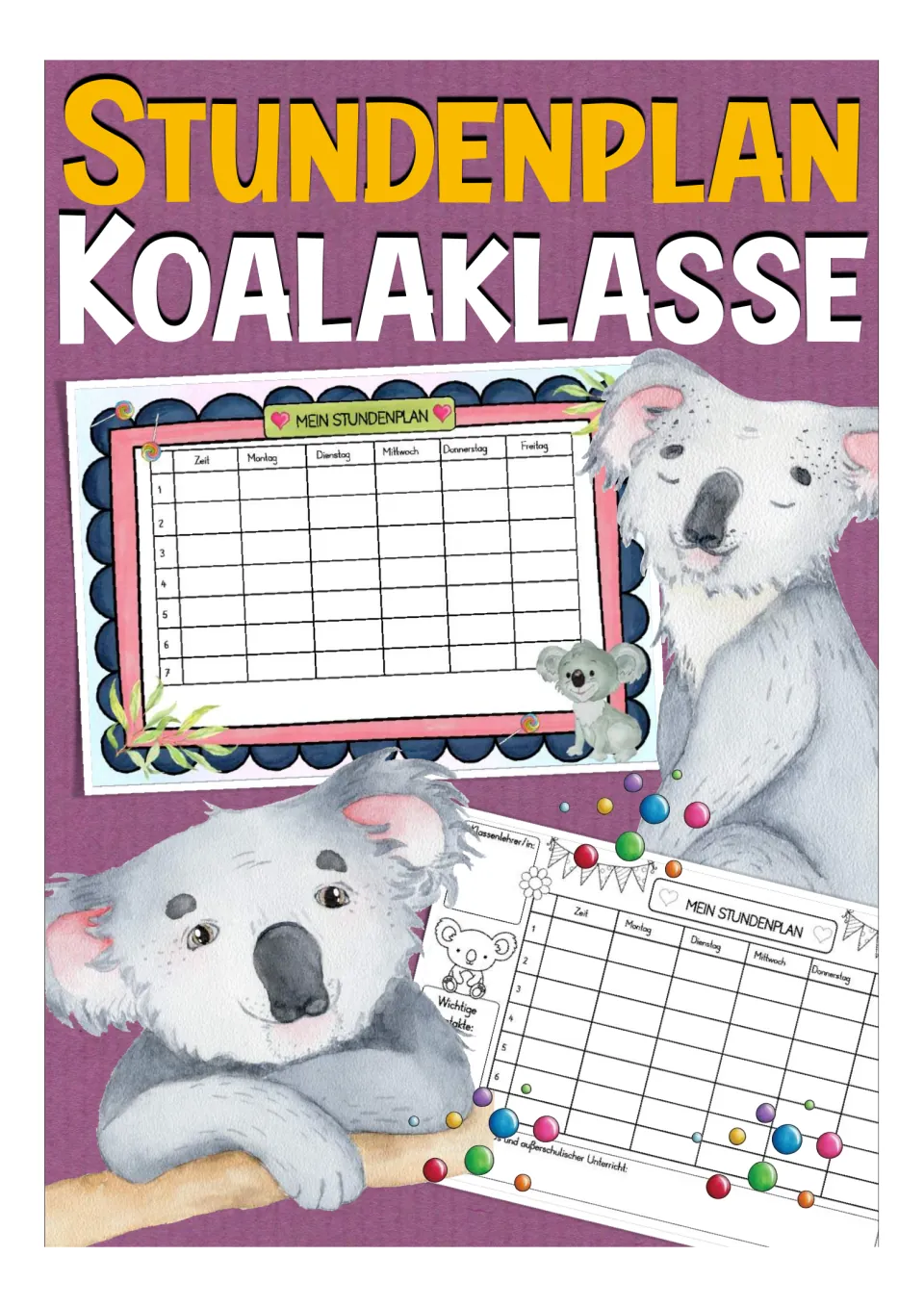 Cover of the German weekly planner, titled 'Stundenplan Koalaklasse,' showing both schedule versions.