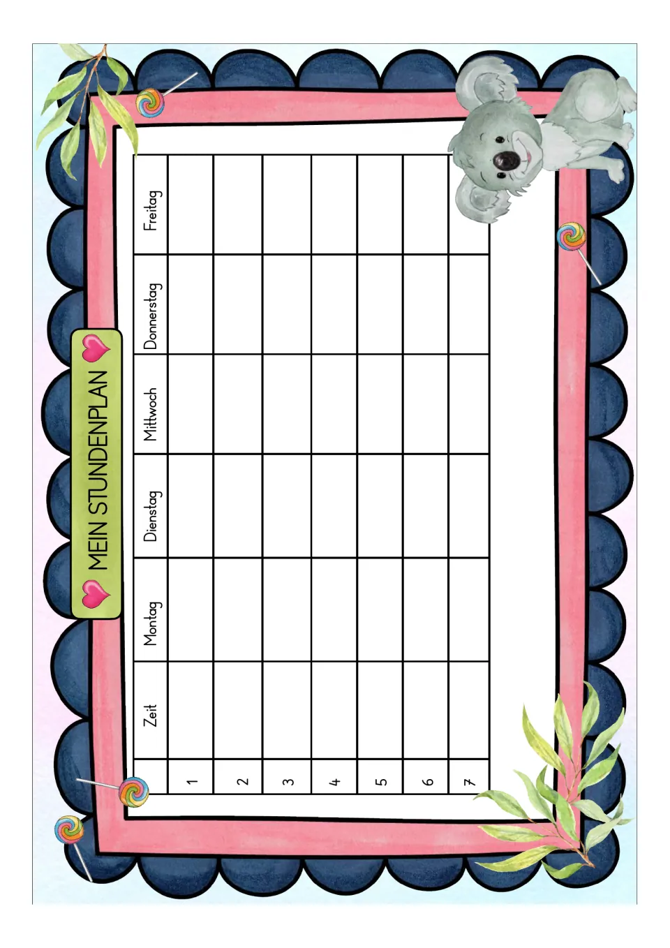 Color weekly planner labeled 'Mein Stundenplan' (My Schedule), with Monday–Friday and periods 1–7.