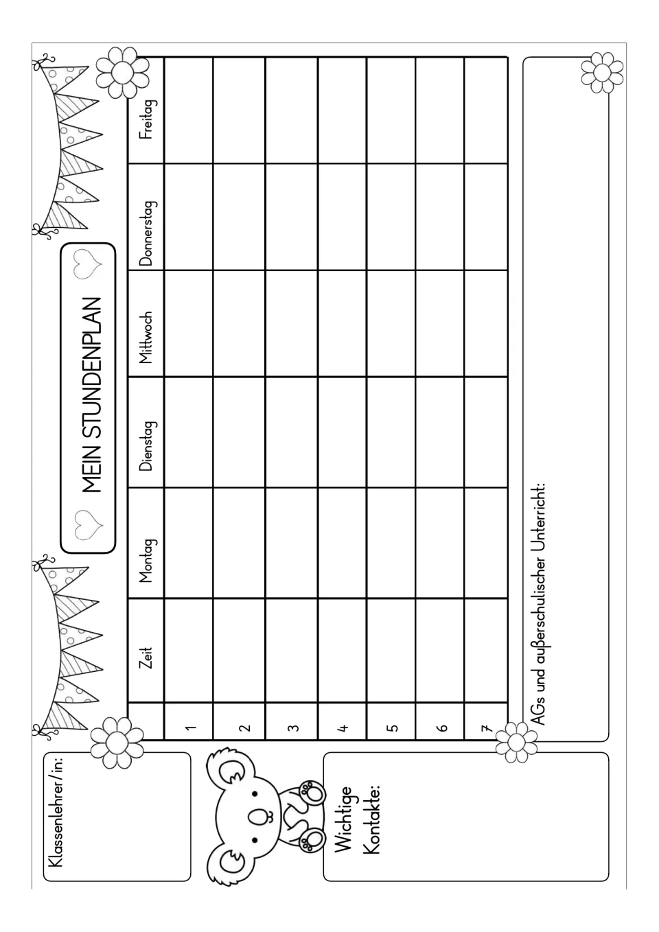Black-and-white weekly planner with periods 1–7, teacher and contact fields, and extracurricular activities.