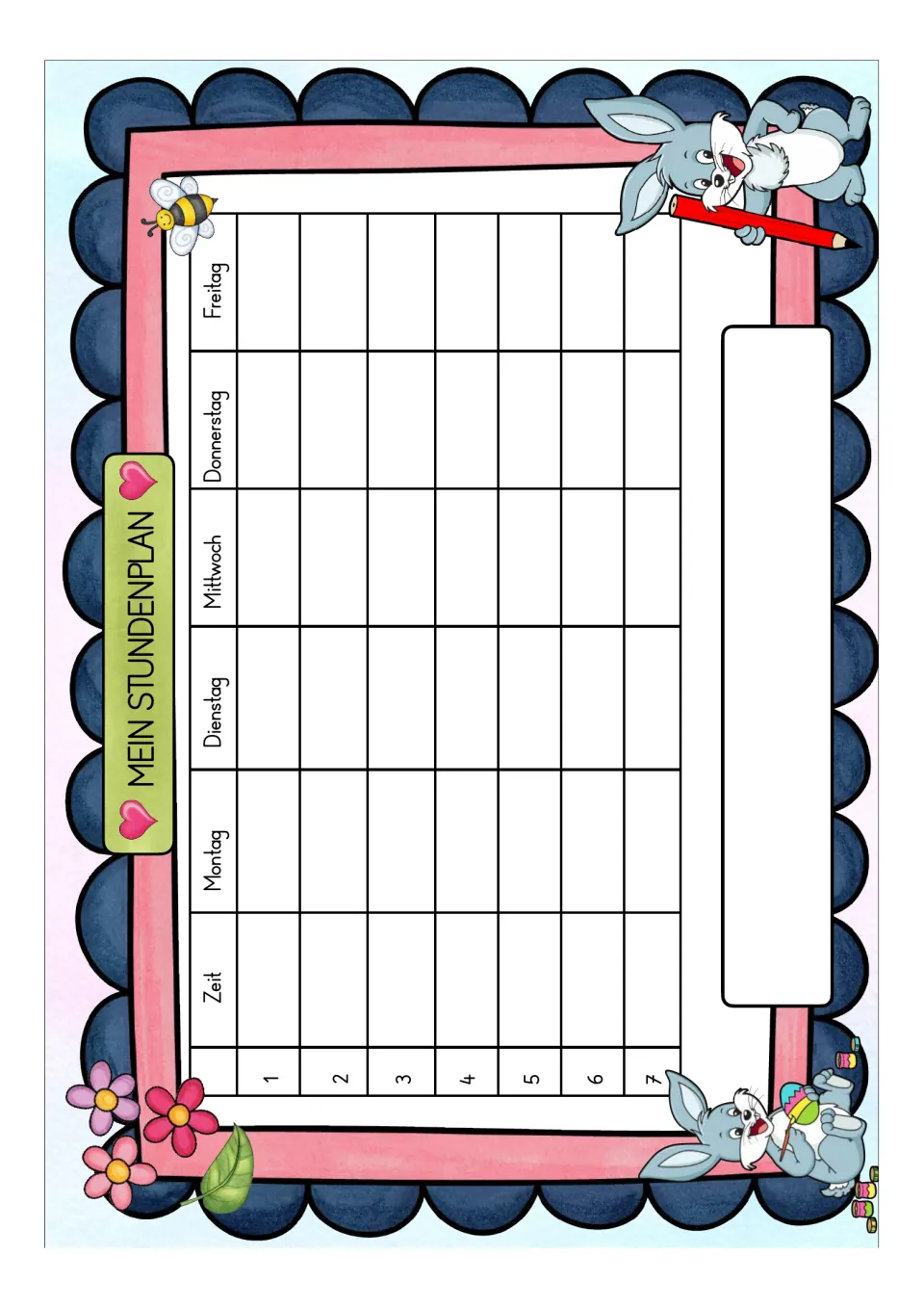 Color weekly schedule: 'Mein Stundenplan' (My Schedule), Monday through Friday, and periods 1–7.